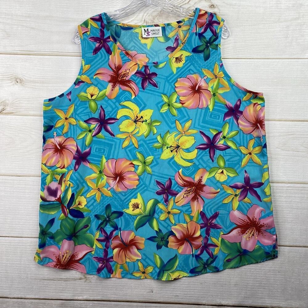 Vtg Maggie Sweet Top Womens 1X Multicolor Floral Sheer Tropical Vibrant Hawaiian